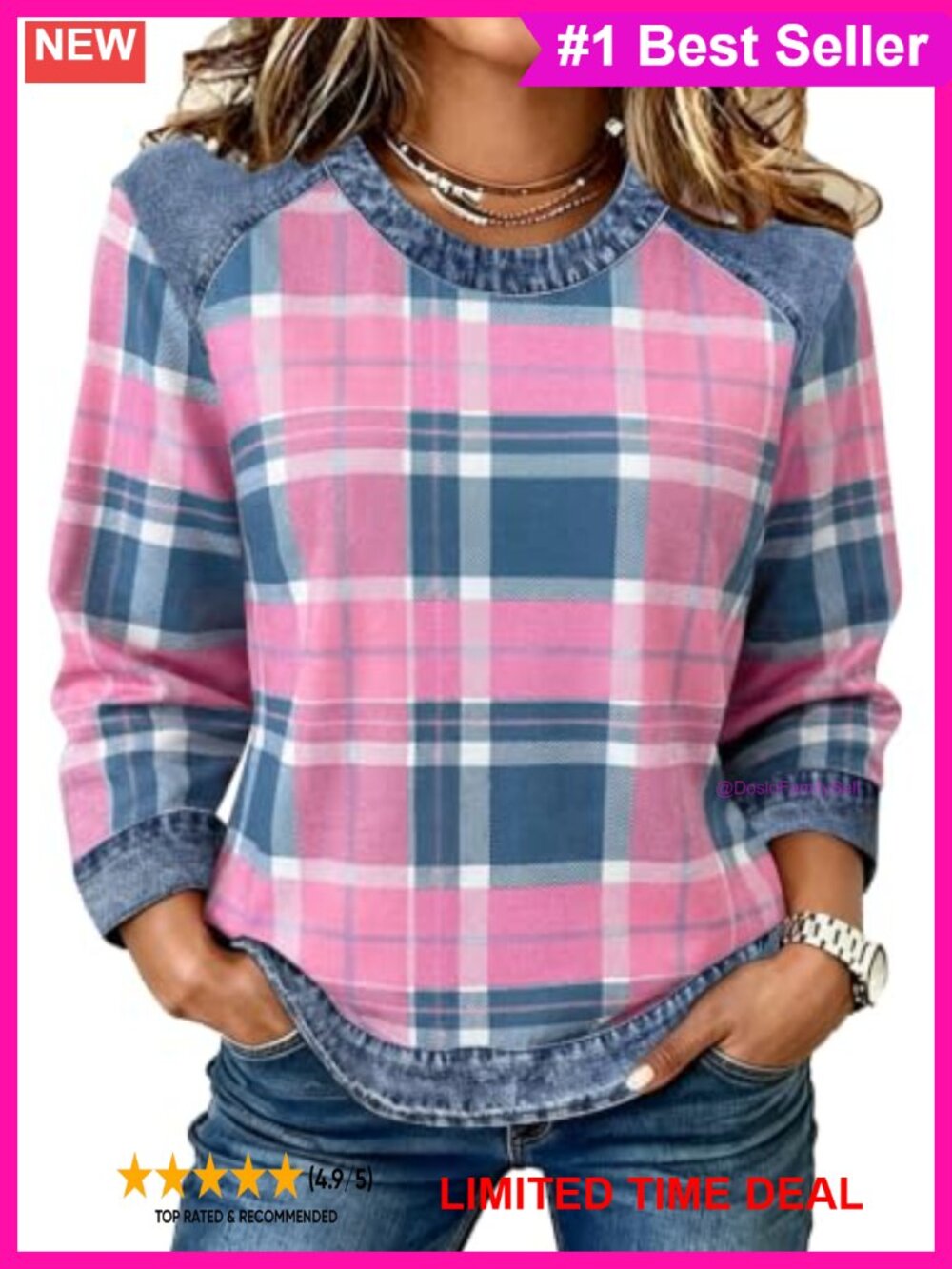 Womens Crewneck Sweatshirt Denim Patchwork Plaid Striped Pullover Top